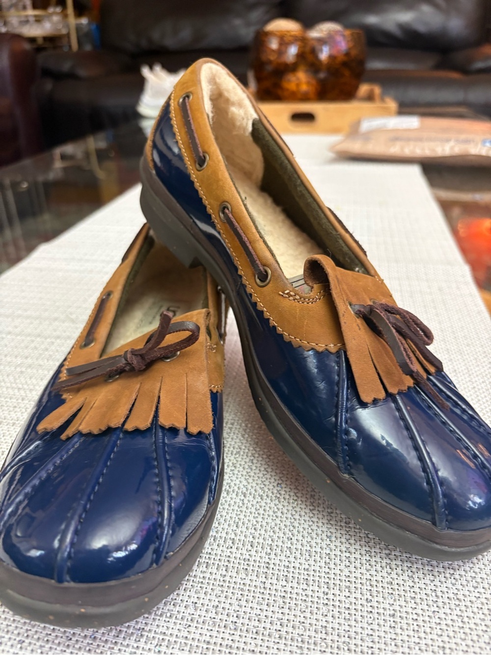 UGG Women's Navy and Tan Tassel Loafers, size 8.5